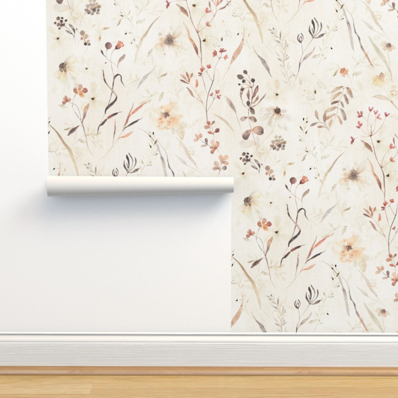 Elegant Meadow Wildflowers Hand-Painted Neutral Botanical Feminine Earth Tone Garden Custom Removable Wallpaper by Spoonflower Peel & Stick Wallpaper 2FT Wide